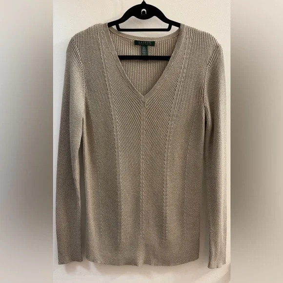 Lauren Ralph Lauren Gold Metallic V-Neck Sweater XL Shimmer Ribbed Knit - Picture 2 of 11